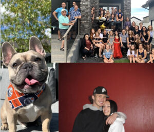 A photo of my French Bulldog Rocco, me and my family at my grade 12 grad celebration, and a picture of me and my boyfriend Chase. 