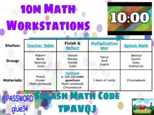 A screenshot of a google slide showing 4 different math workstations including teacher table, finish & reflect, multiplication war, and splash math. The slide also includes a class code and password for splash math, as well as a station timer.