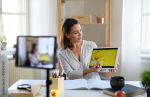 Woman teacher teaching online, coronavirus and online distance learning concept.