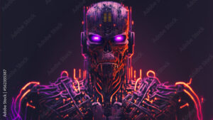 Terminator-like cyborg bionic robot looking angrily at the camera portrait style orange purple and pink neon vivid colors