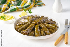 Stuffed grape leaves . Traditional caucasian, mediterranean and middle eastern cuisine