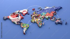 World map with all states and their flags,3d render