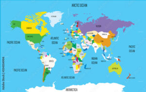 World map with names of countries and oceans. Travel agency concept