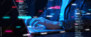 Business man using computer hand close up futuristic cyber space decentralized finance AI chatbot coding background business data analytics programming network metaverse digital world technology