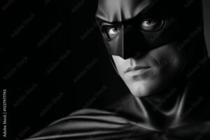 Mysterious vigilante in black costume with intense gaze in shadowed lighting