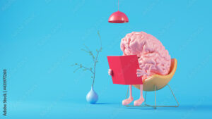 Three dimensional render of human brain reading book