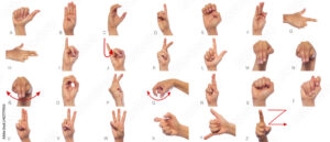 Language of deaf mute hands. Set of pictures of hands and fingers with sign language on white background. Expressiveness asl gestures alphabetic set