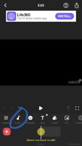 A screenshot in the InShot app with the graphic and name for the 'MUSIC' tool circled