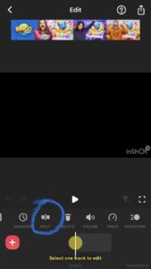 A screenshot in the InShot app with the graphic and name for the 'SPLIT' tool circled