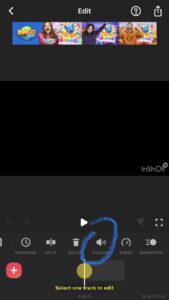 A screenshot in the InShot app with the graphic and name for the 'VOLUME' tool circled