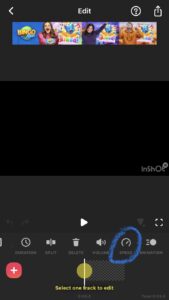 A screenshot in the InShot app with the graphic and name for the 'SPEED' tool circled