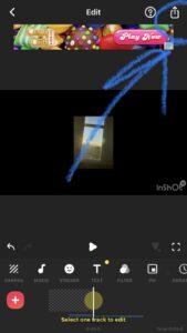 A screenshot in the InShot app with the graphic for the 'EXPORT' tool circled and pointed to with a blue arrow