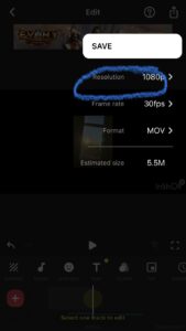 A screenshot in the InShot app--in the export settings--with the 'Resolution' options circled
