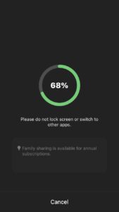 A screenshot in the InShot app where the video export is loading. there is a green part-circle around '68%' with white lettering below