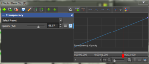 screen-grab of the effects editor in VideoPad, showing the tool 'Transparency' at a value of 66.57