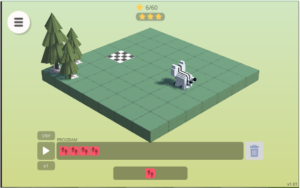 a sprite sits four blocks (in a straight line) away from the finish block. the solution at the bottom is four red 'code tiles' with footprints on them.