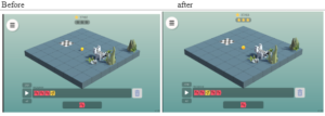 there are two nearly identical pictures, the one on the left is labeled 'before'. the one on the right is labeled 'after'. in both pictures, a sprite sits four blocks (in a straight line) away from the finish block. there is a coin on the second block in front of the sprite. the solution at the bottom of the 'before' picture is three red 'code tiles' with footprints on them, followed by one yellow 'code tile' with a hand picking up a coin on it. the solution at the bottom of the 'after' picture is two red 'code tiles' with footprints on them, then one yellow 'code tile' with a hand picking up a coin on it, followed by two more red 'code tiles'.