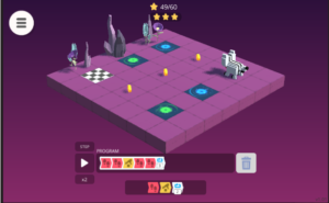 a sprite sits on a playing field i am too tired to describe. there are three coins and four portals. the solution at the bottom is [two red 'code tiles' with footprints on them, then a yellow 'code tile' with a hand picking up a coin on it, followed by another two red 'code tiles'] all in a 'loop' white tile, set to loop these actions thrice.