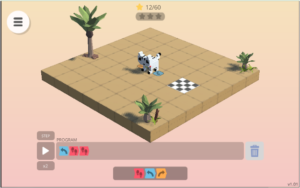 a sprite sits two blocks (left) away from the finish block. the solution at the bottom is a blue 'code tile' with a left arrow on it, followed by two red 'code tile's with footprints on them.