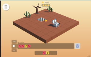 a sprite sits three blocks (in a straight line) away from the finish block. there is a coin two blocks in front of the sprite. the solution at the bottom is two red 'code tiles' with footprints on them, then a yellow 'code tile' with a hand picking up a coin on it, followed by another red 'code tile'.