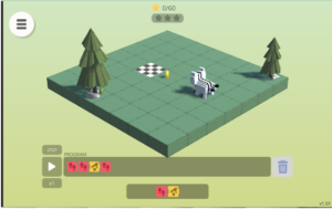 a sprite sits three blocks (directly forward) away from the finish block. there is a coin on the second block. the solution at the bottom is two red 'code tiles' with footprints on them, then a yellow 'code tile' with a hand picking up a coin on it, followed by another red 'code tile'.