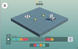 a sprite sits (five blocks forward, two locks left) away from the finish block. there are coins on the second and fourth block in the sprite's path. the set function at the bottom right of frame is two red 'code tiles' with footprints on them, followed by one yellow 'code tile' with a hand picking up a coin on it. the solution at the bottom left of frame is a green 'code tile' with an 'F' on it, then a blue 'code tile' with a left arrow on it, then another green code tile with an 'F' on it, then an orange 'code tile' with a right arrow on it, followed by two red 'code tiles' with footprints on them.