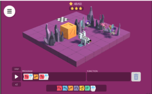 a sprite sits (five blocks forward, two locks right) away from the finish block. there is a big crate on the second block in the sprite's path. the solution at the bottom is a [red 'code tile' with footprints on it] in a white 'code tile' set to loop five times. after the white tile is an orange 'code tile' with a right arrow on it, followed by a [red 'code tile' with footprints on it] in a white 'code tile' set to loop twice.