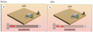 there are two nearly identical pictures, the one on the left is labeled 'before'. the one on the right is labeled 'after'. in both pictures, a sprite sits four blocks (in a straight line) away from the finish block. there is a coin on the second block in front of the sprite. the solution at the bottom of the 'before' picture is three red 'code tiles' with footprints on them, followed by one yellow 'code tile' with a hand picking up a coin on it. the solution at the bottom of the 'after' picture is two red 'code tiles' with footprints on them, then one yellow 'code tile' with a hand picking up a coin on it, followed by two more red 'code tiles'.