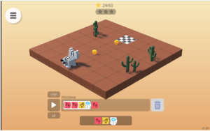 a sprite sits five blocks (in a straight line) away from the finish block. there are coins on the second and fourth block in front of the sprite. the solution at the bottom is [two red 'code tiles' with footprints on them, followed by one yellow 'code tile' with a hand picking up a coin on it] in a white 'loop' tile set to do two repetitions, after the white tile is one red 'code tile' with footprints on it.