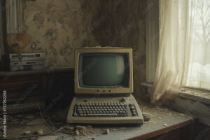 A dusty old computer sits on a table in the corner of the room. In an abandoned house.