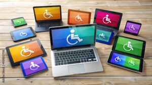 A diverse group of laptops and tablets with various accessibility icons and tools open on their screens, promoting inclusivity on digital platforms.