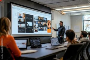 A speaker engages the audience while presenting a digital marketing plan using a large screen in a contemporary classroom