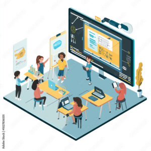 A vector illustration of students in an online classroom, with digital whiteboards and interactive learning tools on large screens. isometric view