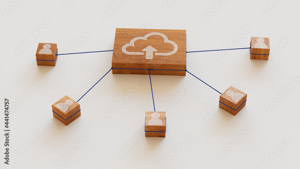 Data storage Technology Concept with cloud upload Symbol on a Wooden Block. User Network Connections are Represented with Blue string. White background. 3D Render.