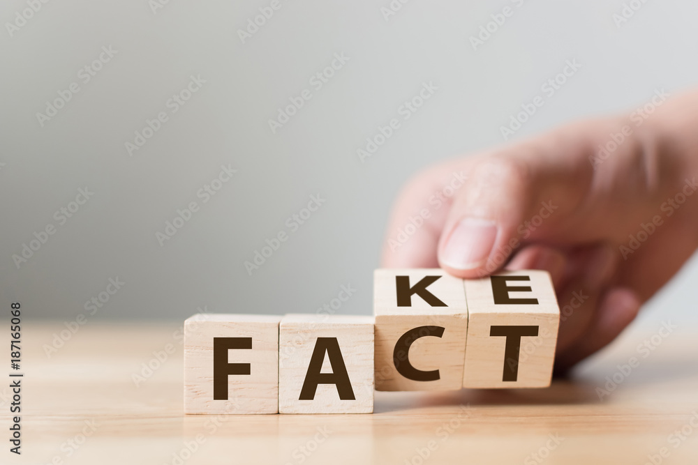 Fact or Fake concept, Hand flip wood cube change the word, April fools day