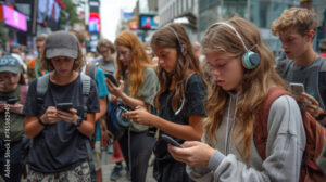 Cell phone addiction concept. Many teens hold smart device. Social media like obsession. Online communication problem. People watch mobile gadget screen. Cyberspace internet network. Bad habit.