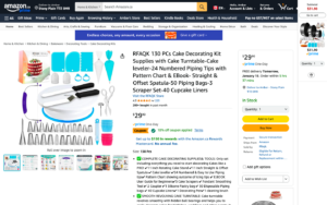 Screenshot of amazon item 130 PCs Cake Decorating Kit Supplies with Cake Turntable-Cake leveler-24 Numbered Piping Tips with Pattern Chart & EBook- Straight & Offset Spatula-50 Piping Bags-3 Scraper Set-40 Cupcake Liners