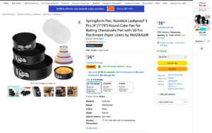 Screenshot of amazon product Springform Pan, Nonstick Leakproof 3 Pcs (4"/7"/9") Round Cake Pan for Baking Cheesecake Pan with 50 Pcs Parchment Paper Liners by MASSUGAR