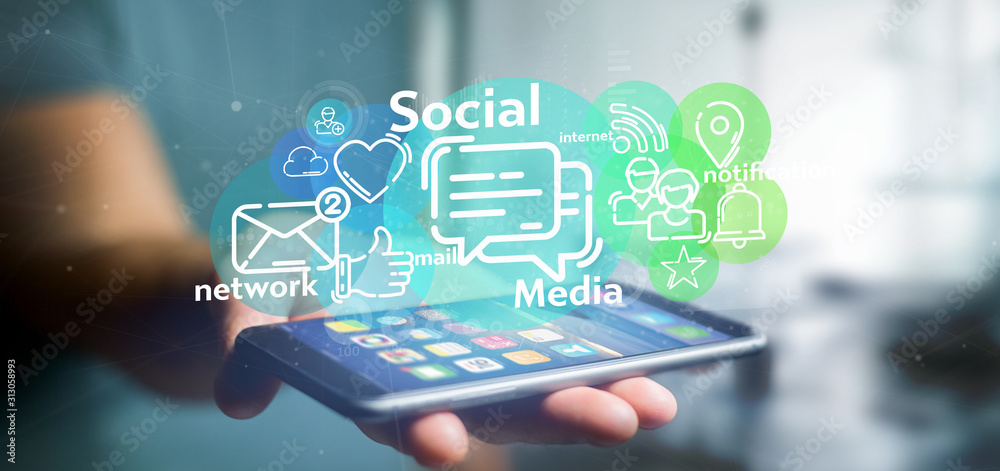 Businessman holding a cloud of social media network icon