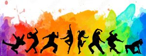 Detailed illustration silhouettes of expressive dance colorful group of people dancing. Jazz funk, hip-hop, house dance. Dancer man jumping on white background. Happy celebration