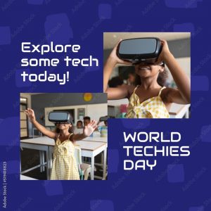 Digital composite image of biracial girl enjoying virtual reality with world techies day text