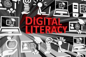 DIGITAL LITERACY concept blurred background 3d render illustration