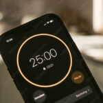A phone with a black and white 25-minute timer to study with the pomodoro method on a blurry background. Perfect for students planning their time studying, doing homework, being productive.