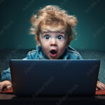 A young child shows a shocked expression while using a laptop in a dark room, highlighting the impact of technology on youth.