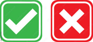 Green checkmark tick and red X icons.