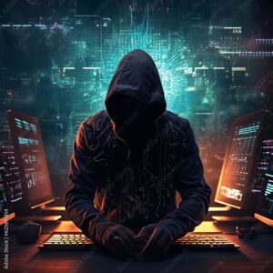Hooded hacker orchestrates a daring cyber attack, cyber security, with digital waves. Generative AI