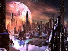 science fiction setting example with planets and pillars of buildings