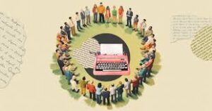 writers gathered around a typewriter