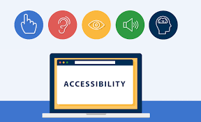 a computer screen that says accessibility with bubbles on top that indicate differences in learning such as audio, visual, written, reading, etc.