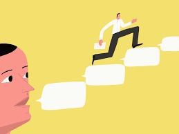 person giving feedback in the form of speech bubbles that turn into stairs.